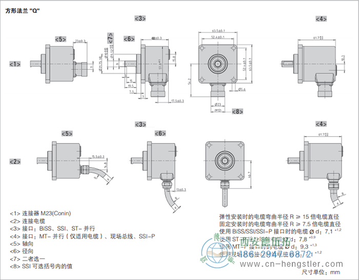 AC58-SUCOnet標(biāo)準(zhǔn)光電絕對值型編碼器外形及安裝尺寸(方形法蘭Q) 德國hengstler(亨士樂)編碼器